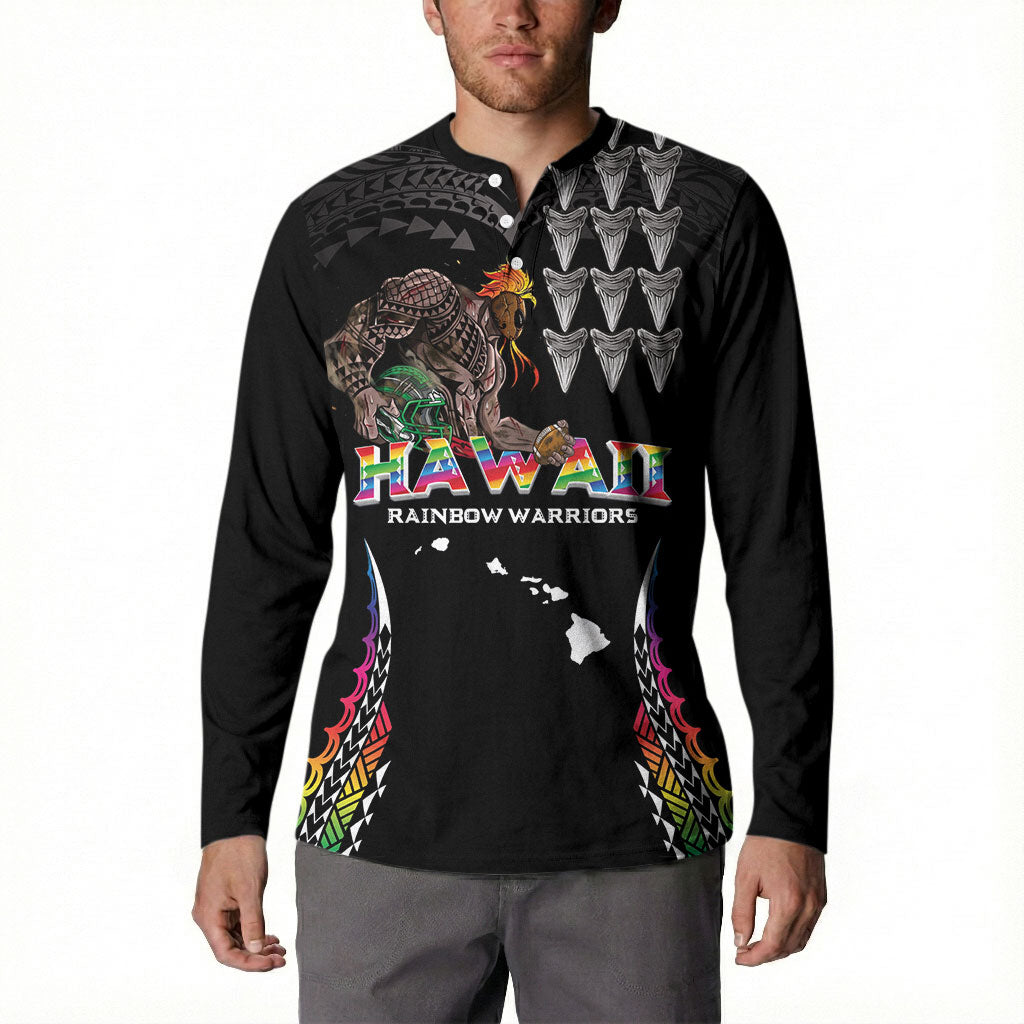 Custom Hawaii Rainbow Warriors Button Sweatshirt Kakau Shark Tooth and Polynesian Art Tattoo LT03 - Polynesian Pride
