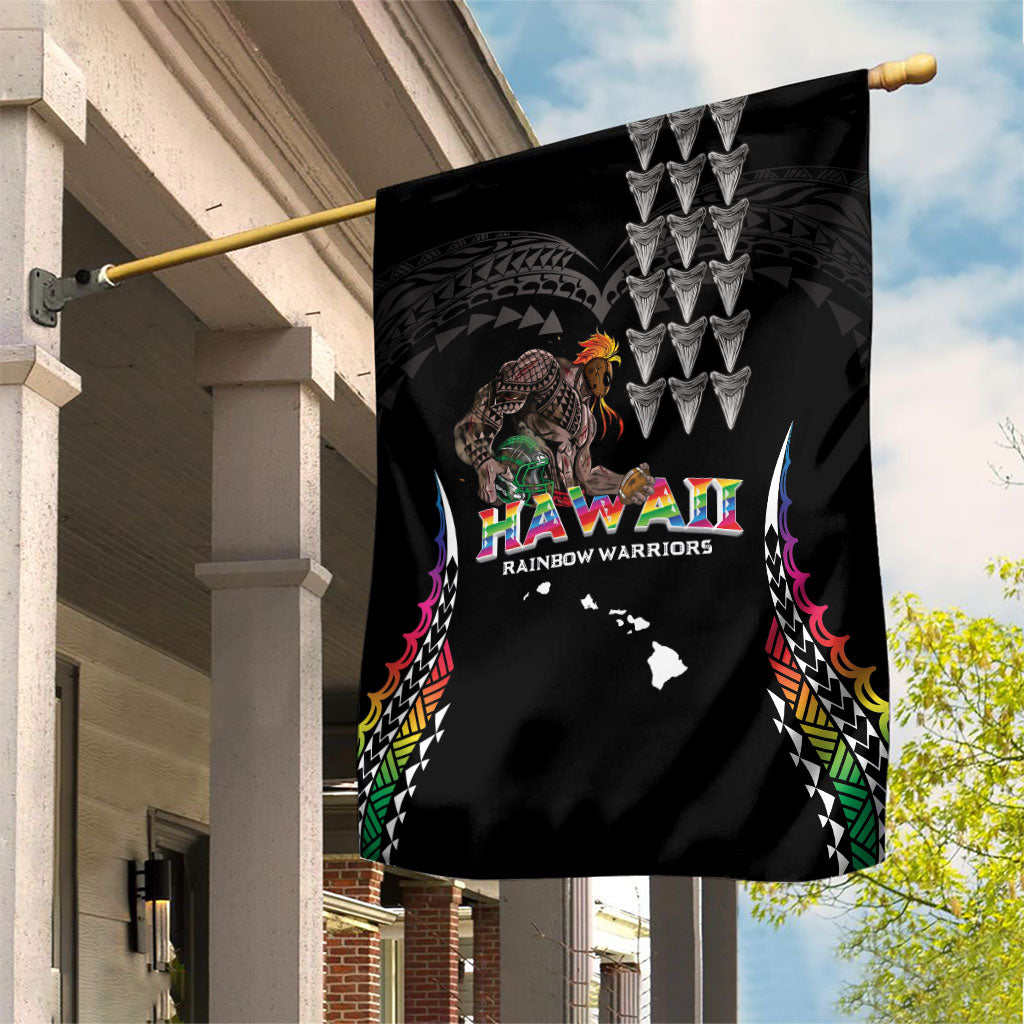 Hawaii Rainbow Warriors Garden Flag Kakau Shark Tooth and Polynesian Art Tattoo LT03 House Flag Black - Polynesian Pride