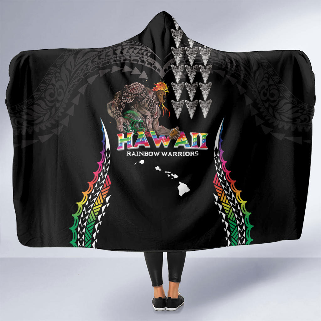 Hawaii Rainbow Warriors Hooded Blanket Kakau Shark Tooth and Polynesian Art Tattoo LT03 One Size Black - Polynesian Pride