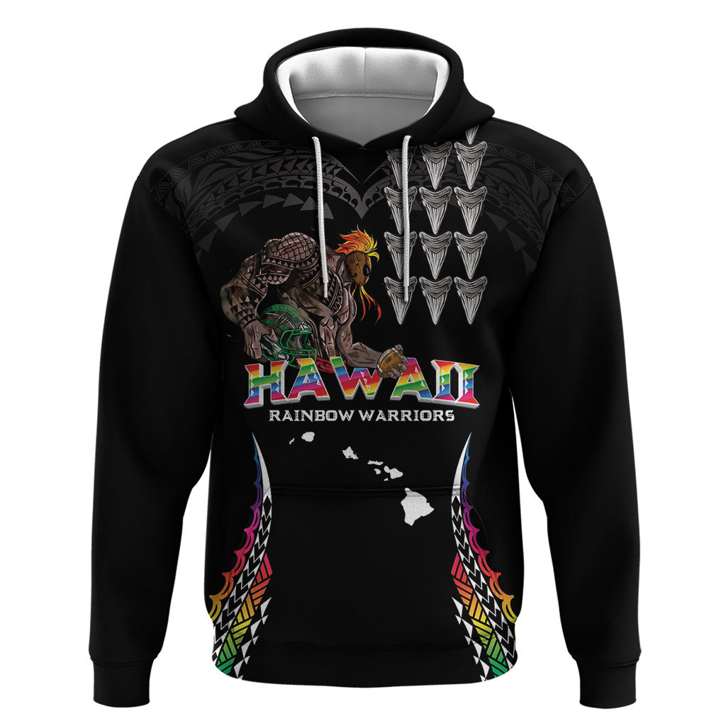 Custom Hawaii Rainbow Warriors Hoodie Kakau Shark Tooth and Polynesian Art Tattoo LT03 Pullover Hoodie Black - Polynesian Pride