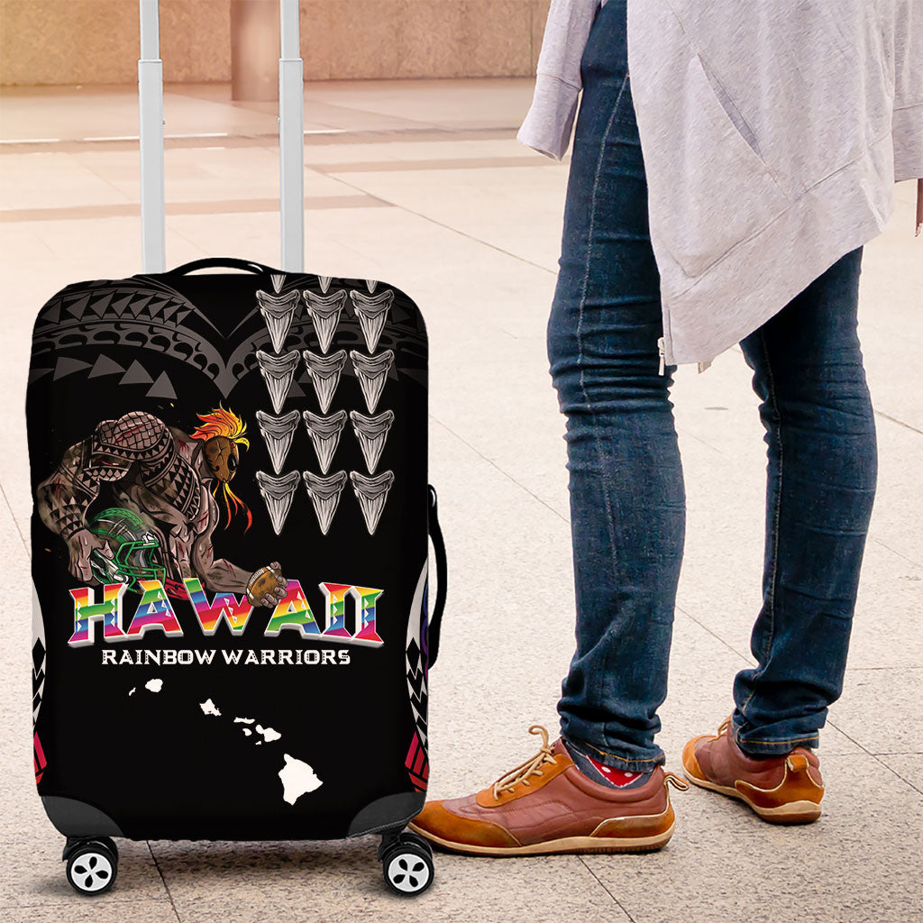 Hawaii Rainbow Warriors Luggage Cover Kakau Shark Tooth and Polynesian Art Tattoo LT03 Black - Polynesian Pride