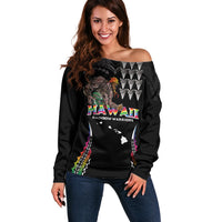 Custom Hawaii Rainbow Warriors Off Shoulder Sweater Kakau Shark Tooth and Polynesian Art Tattoo LT03 Women Black - Polynesian Pride