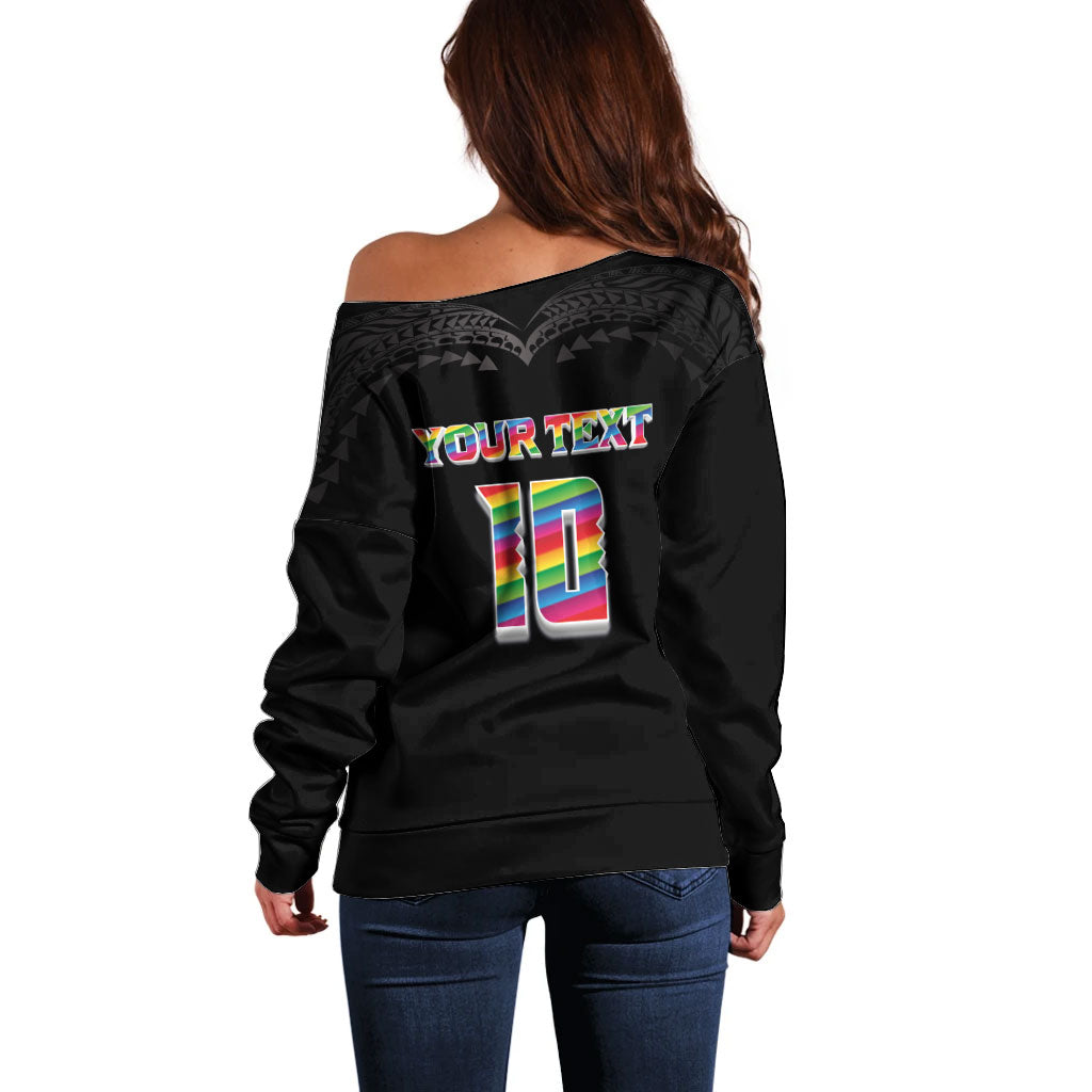 Custom Hawaii Rainbow Warriors Off Shoulder Sweater Kakau Shark Tooth and Polynesian Art Tattoo LT03 - Polynesian Pride