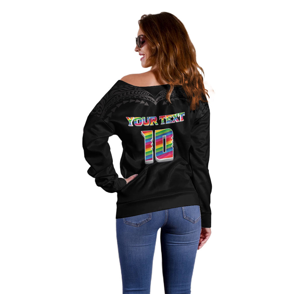 Custom Hawaii Rainbow Warriors Off Shoulder Sweater Kakau Shark Tooth and Polynesian Art Tattoo LT03 - Polynesian Pride