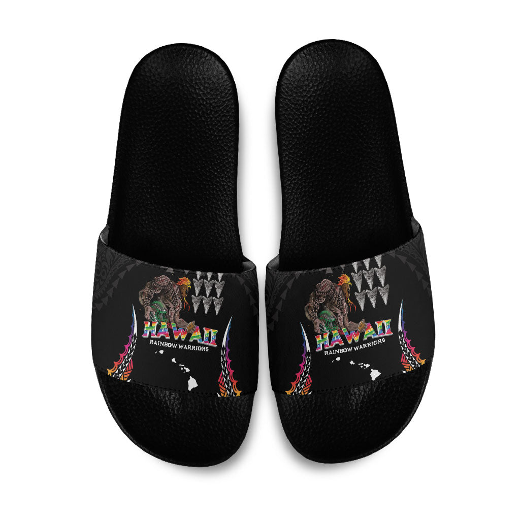 Hawaii Rainbow Warriors Slide Sandals Kakau Shark Tooth and Polynesian Art Tattoo LT03 Black - Polynesian Pride