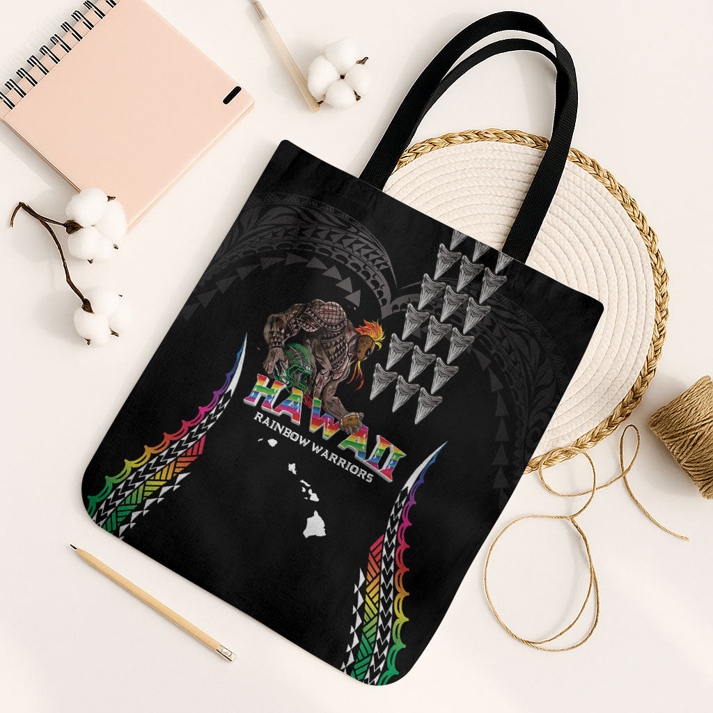 Hawaii Rainbow Warriors Tote Bag Kakau Shark Tooth and Polynesian Art Tattoo LT03 Black Strap One Size Black - Polynesian Pride