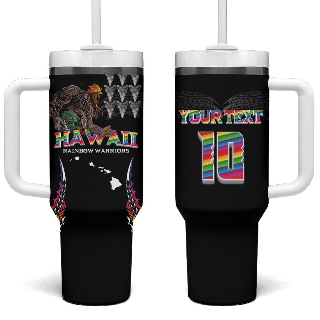 Custom Hawaii Rainbow Warriors Tumbler With Handle Kakau Shark Tooth and Polynesian Art Tattoo LT03 One Size: 40 oz Black - Polynesian Pride