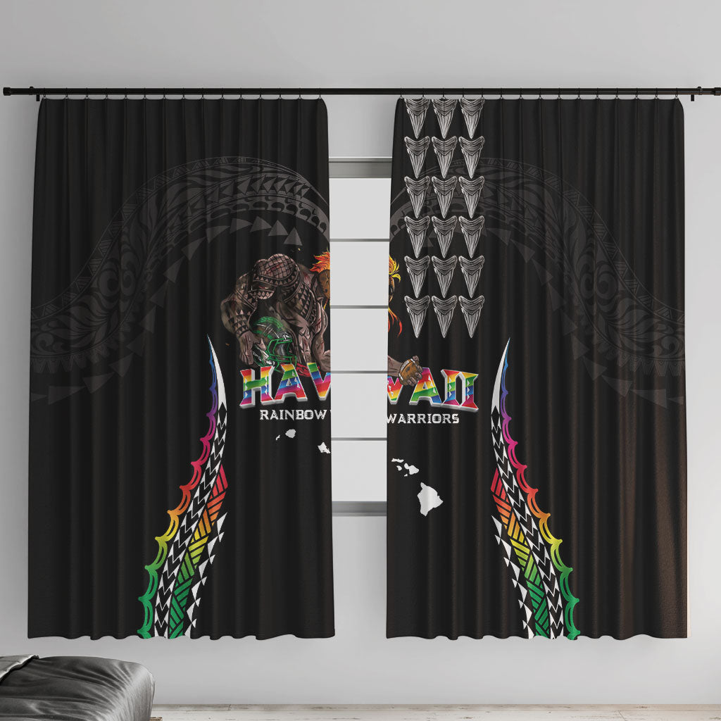 Hawaii Rainbow Warriors Window Curtain Kakau Shark Tooth and Polynesian Art Tattoo LT03 With Hooks Black - Polynesian Pride