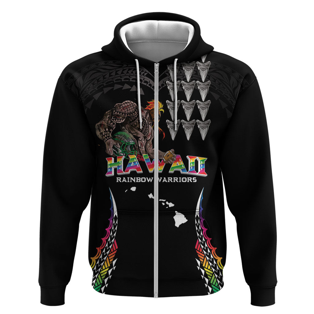 Custom Hawaii Rainbow Warriors Zip Hoodie Kakau Shark Tooth and Polynesian Art Tattoo LT03 Zip Hoodie Black - Polynesian Pride