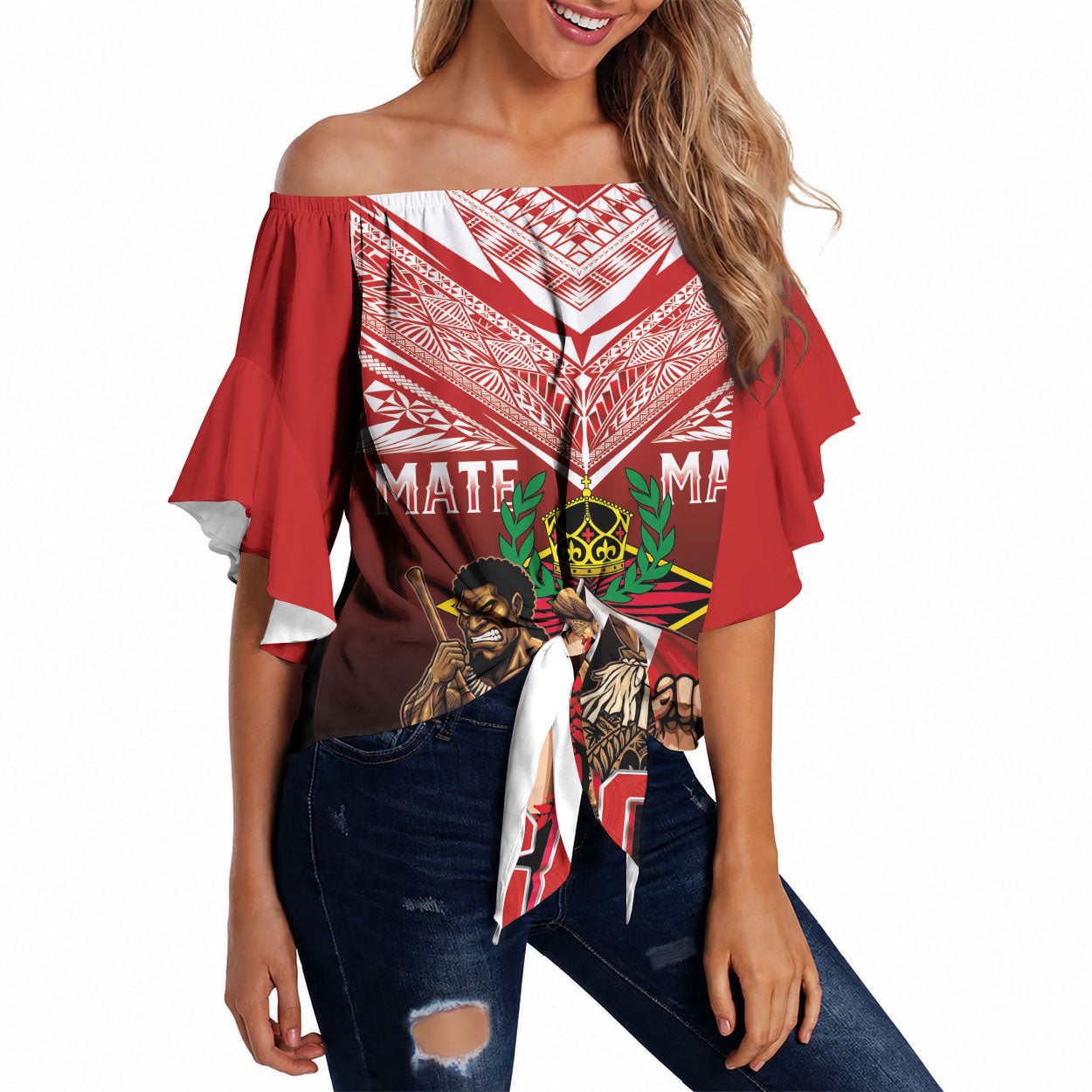 Mate Ma'a Tonga Off Shoulder Wrap Waist Top Traditional Warrior and Ngatu Art Pattern LT03 Red - Polynesian Pride