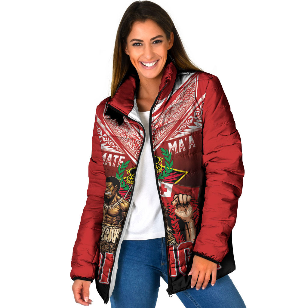 Mate Ma'a Tonga Padded Jacket Traditional Warrior and Ngatu Art Pattern LT03 Women Red - Polynesian Pride