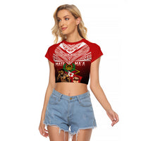 Mate Ma'a Tonga Raglan Cropped T Shirt Traditional Warrior and Ngatu Art Pattern LT03 Female Red - Polynesian Pride