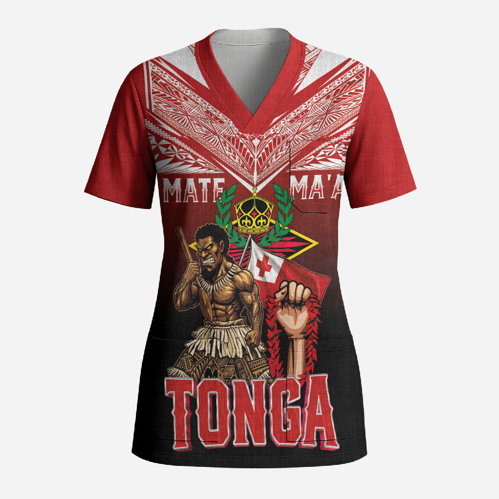 Mate Ma'a Tonga Scrub Top Traditional Warrior and Ngatu Art Pattern LT03 Adult Red - Polynesian Pride