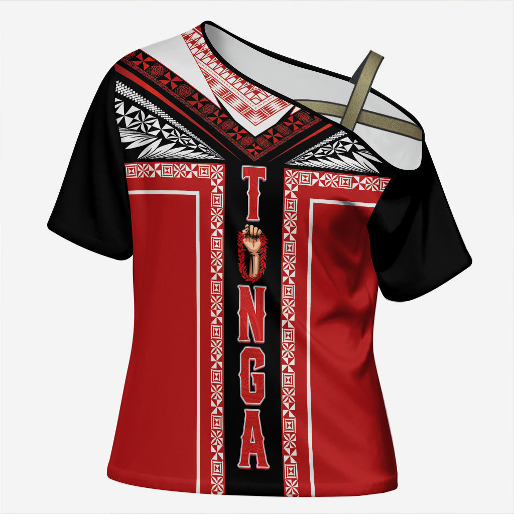 Tonga Cross Shoulder Shirt Tribal Pacific Ngatu Motif LT03 Female Red - Polynesian Pride