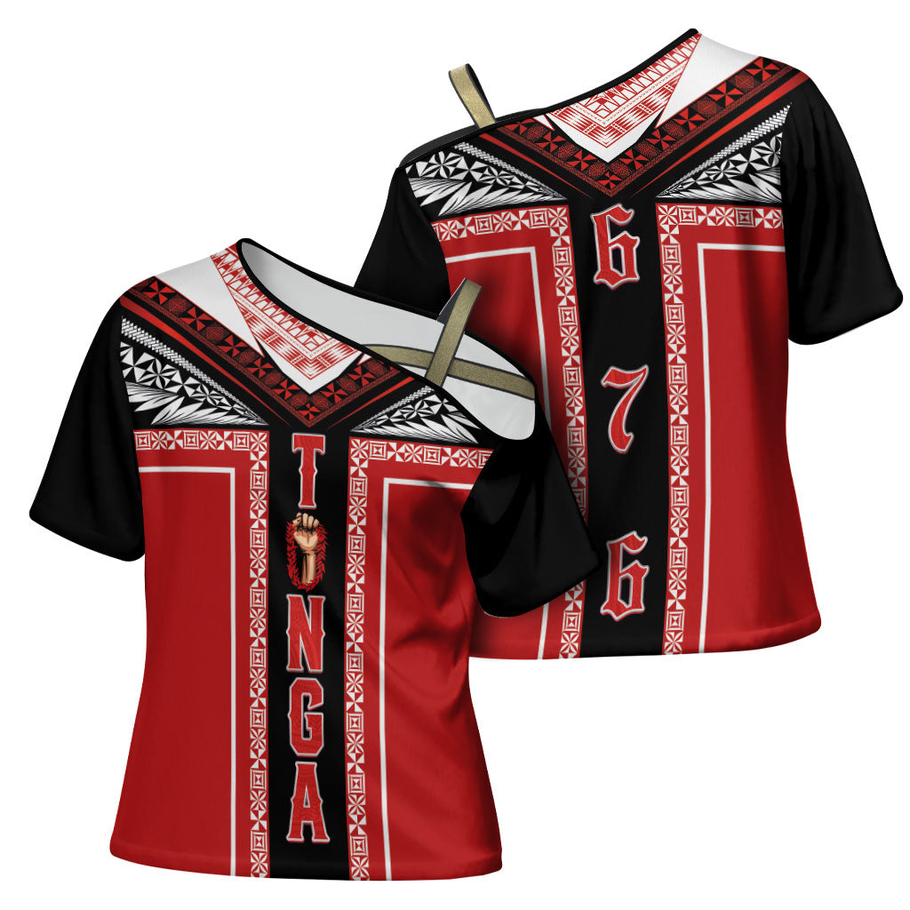Tonga Cross Shoulder Shirt Tribal Pacific Ngatu Motif LT03 - Polynesian Pride