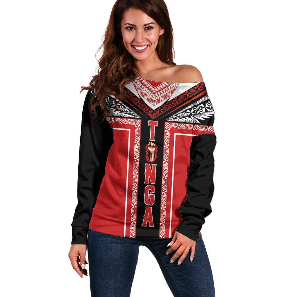 Tonga Off Shoulder Sweater Tribal Pacific Ngatu Motif LT03 Women Red - Polynesian Pride