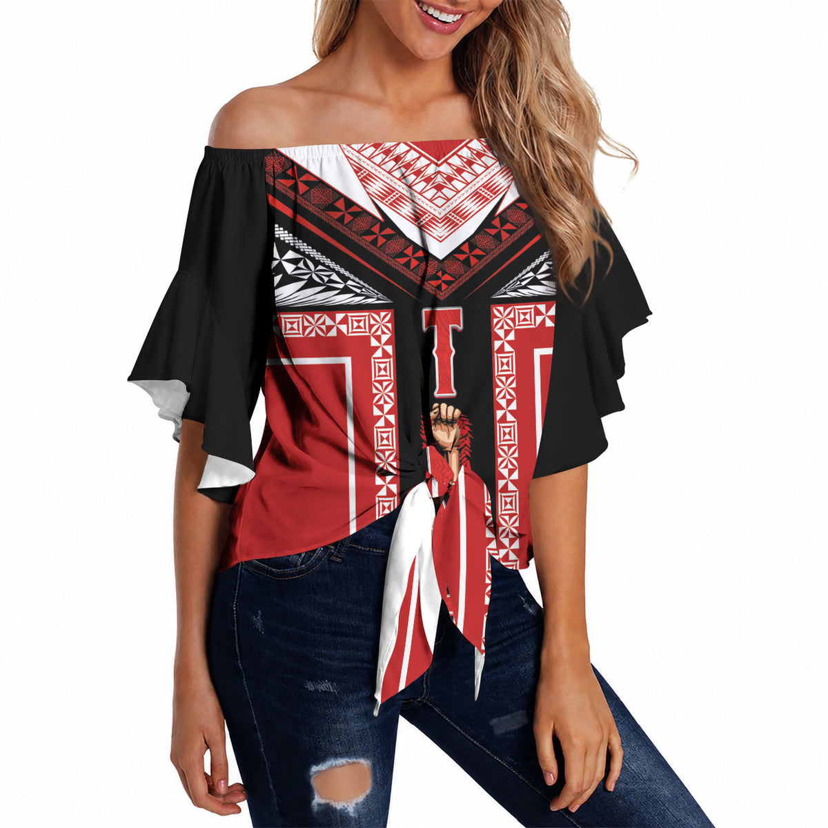 Tonga Off Shoulder Wrap Waist Top Tribal Pacific Ngatu Motif LT03 Red - Polynesian Pride