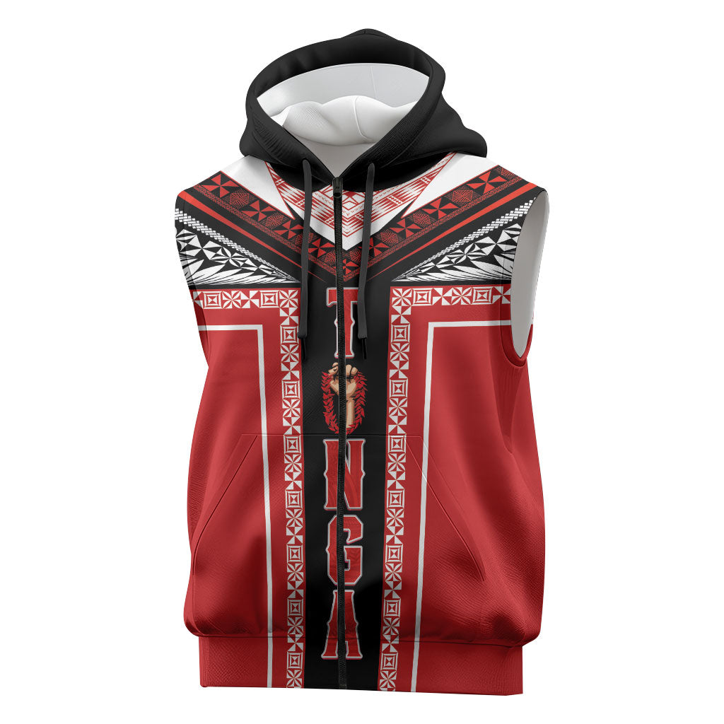 Tonga Sleeveless Zip Hoodie Tribal Pacific Ngatu Motif LT03 Red - Polynesian Pride