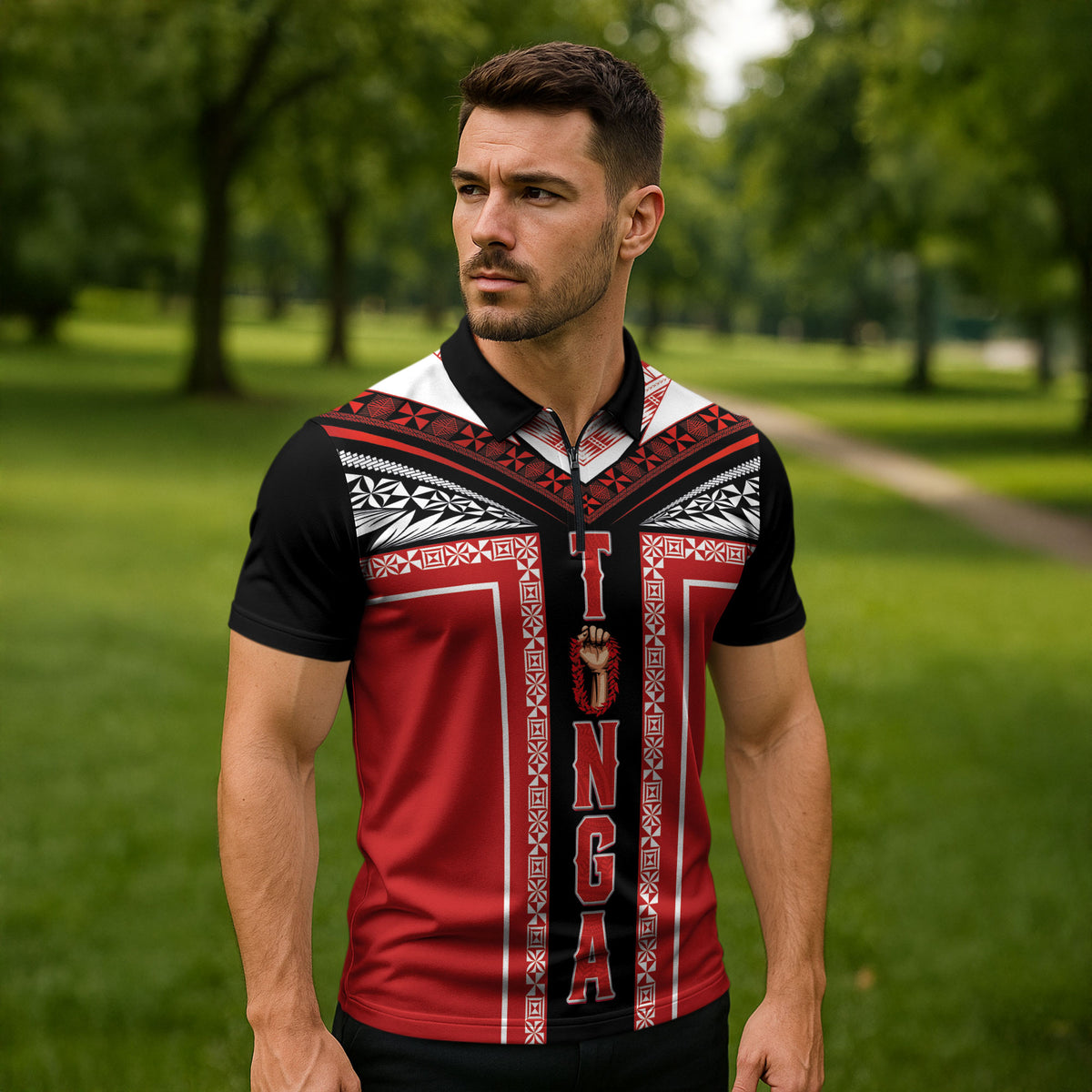 Tonga Zipper Polo Shirt Tribal Pacific Ngatu Motif LT03 - Polynesian Pride