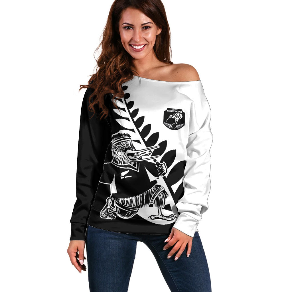Custom Aotearoa Rugby League Off Shoulder Sweater Kiwi Haka and Fern - Sporty Style LT03 Women Black - Polynesian Pride