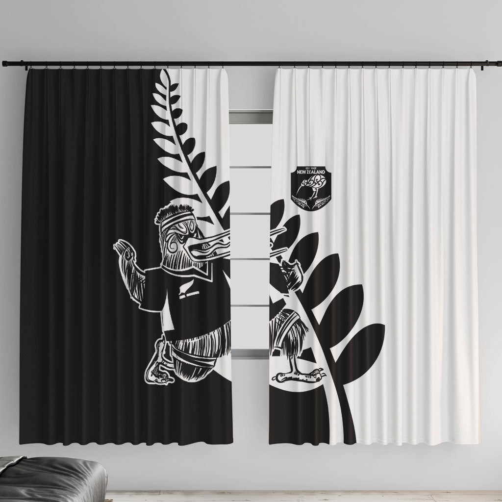 Aotearoa Rugby League Window Curtain Kiwi Haka and Fern - Sporty Style LT03 With Hooks Black - Polynesian Pride