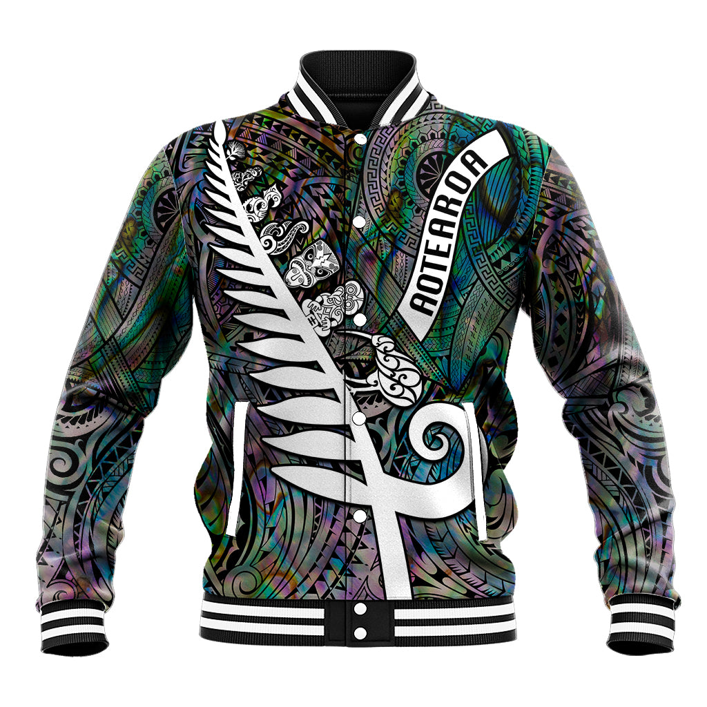 New Zealand Baseball Jacket Aotearoa Symbols With Silver Fern LT03 Unisex Black - Polynesian Pride