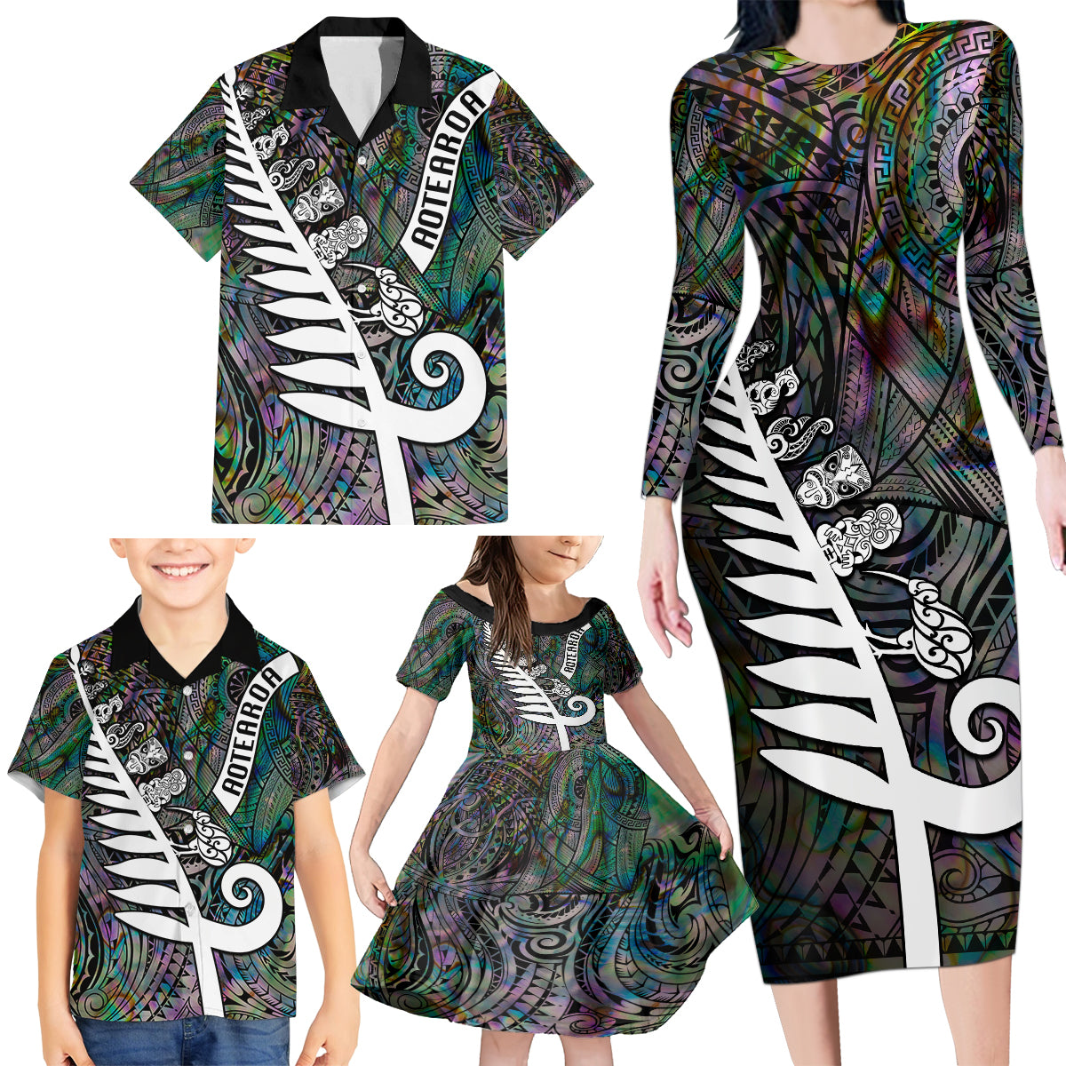 New Zealand Family Matching Long Sleeve Bodycon Dress and Hawaiian Shirt Aotearoa Symbols With Silver Fern LT03 - Polynesian Pride