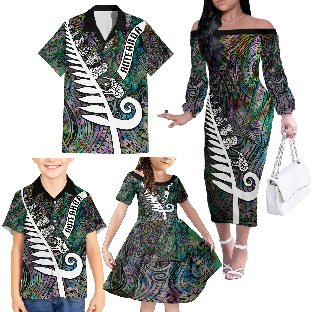 New Zealand Family Matching Off Shoulder Long Sleeve Dress and Hawaiian Shirt Aotearoa Symbols With Silver Fern LT03 - Polynesian Pride