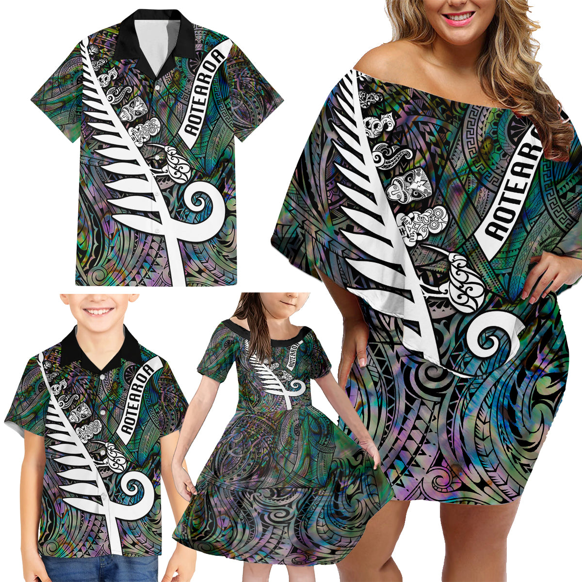 New Zealand Family Matching Off Shoulder Short Dress and Hawaiian Shirt Aotearoa Symbols With Silver Fern LT03 - Polynesian Pride