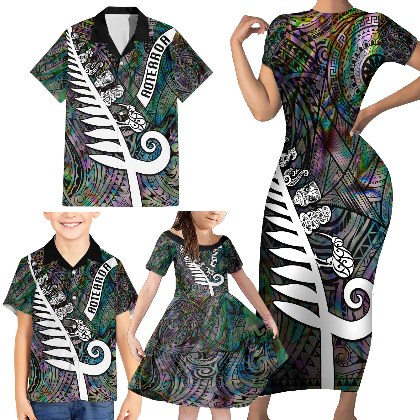 New Zealand Family Matching Short Sleeve Bodycon Dress and Hawaiian Shirt Aotearoa Symbols With Silver Fern LT03 - Polynesian Pride