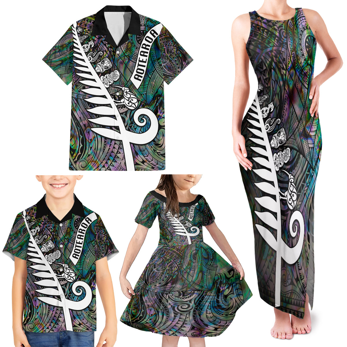 New Zealand Family Matching Tank Maxi Dress and Hawaiian Shirt Aotearoa Symbols With Silver Fern LT03 - Polynesian Pride