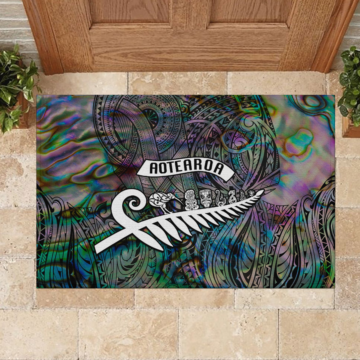 New Zealand Rubber Doormat Aotearoa Symbols With Silver Fern LT03 - Polynesian Pride