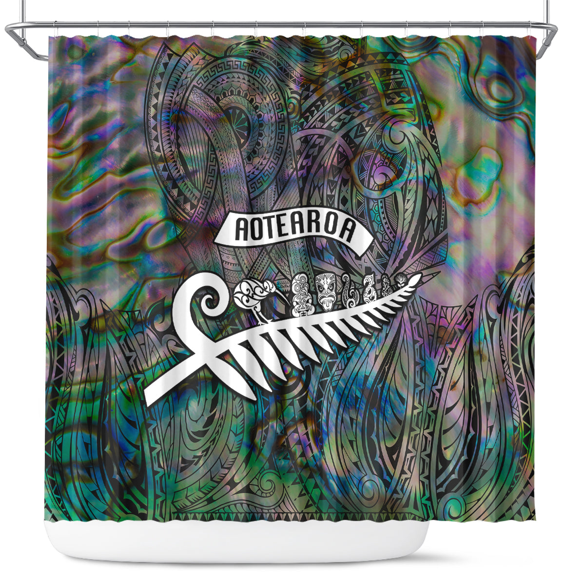 New Zealand Shower Curtain Aotearoa Symbols With Silver Fern LT03 Black - Polynesian Pride