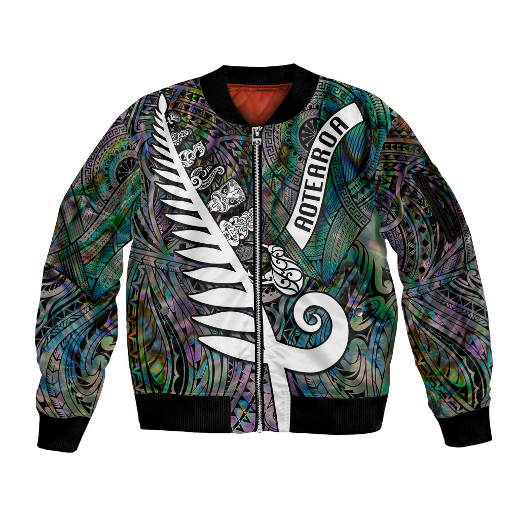 New Zealand Sleeve Zip Bomber Jacket Aotearoa Symbols With Silver Fern LT03 Unisex Black - Polynesian Pride