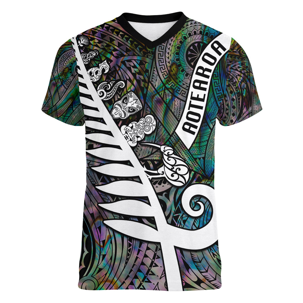 New Zealand Women V Neck T Shirt Aotearoa Symbols With Silver Fern LT03 Female Black - Polynesian Pride