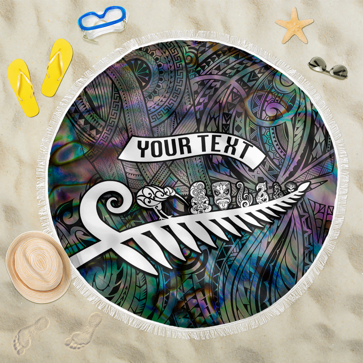 Personalized New Zealand Beach Blanket Aotearoa Symbols With Silver Fern LT03 One Size 150cm Black - Polynesian Pride