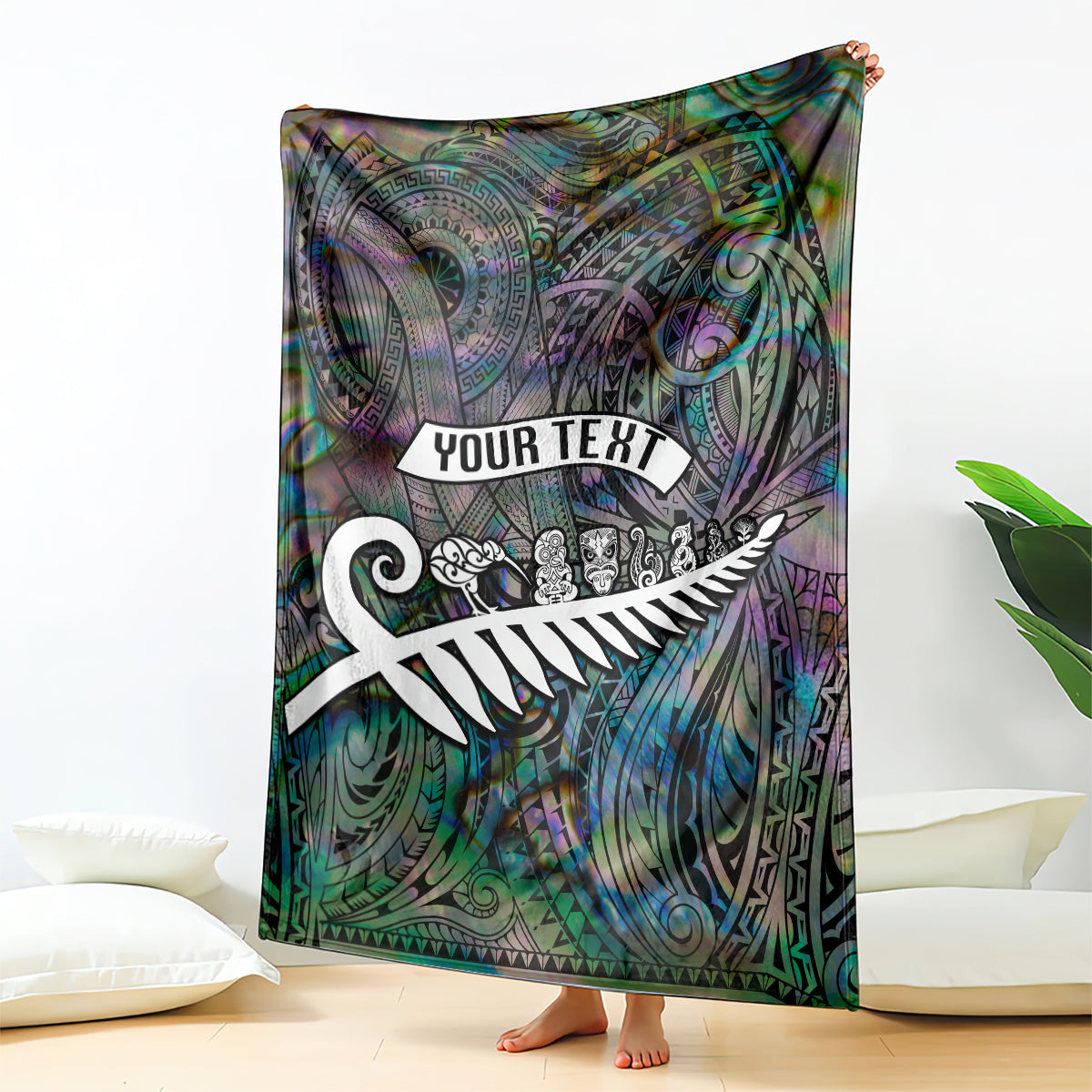 Personalized New Zealand Blanket Aotearoa Symbols With Silver Fern LT03 Black - Polynesian Pride