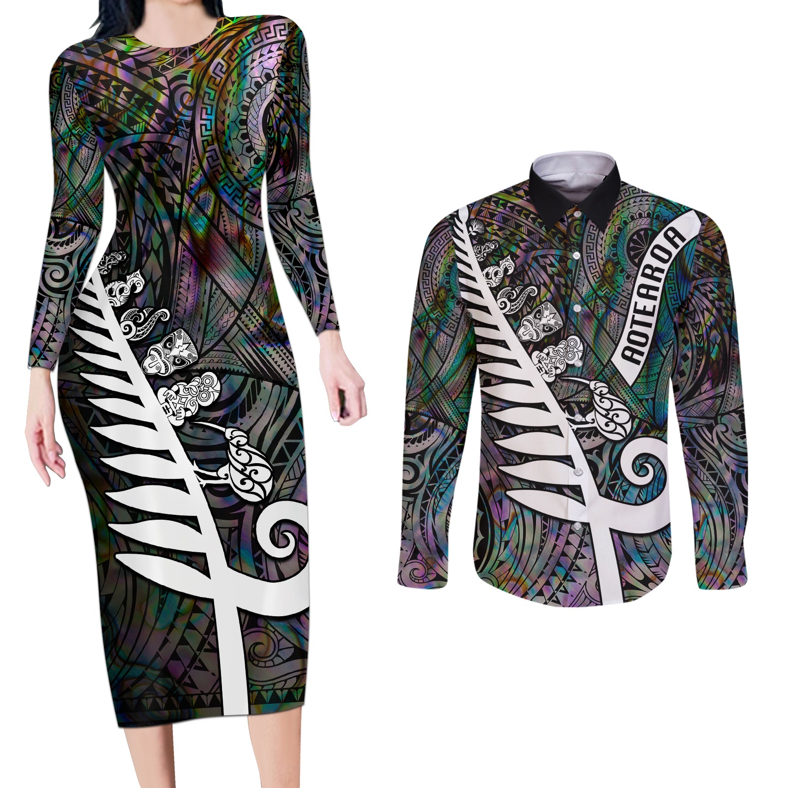 Personalized New Zealand Couples Matching Long Sleeve Bodycon Dress and Long Sleeve Button Shirt Aotearoa Symbols With Silver Fern LT03 Black - Polynesian Pride