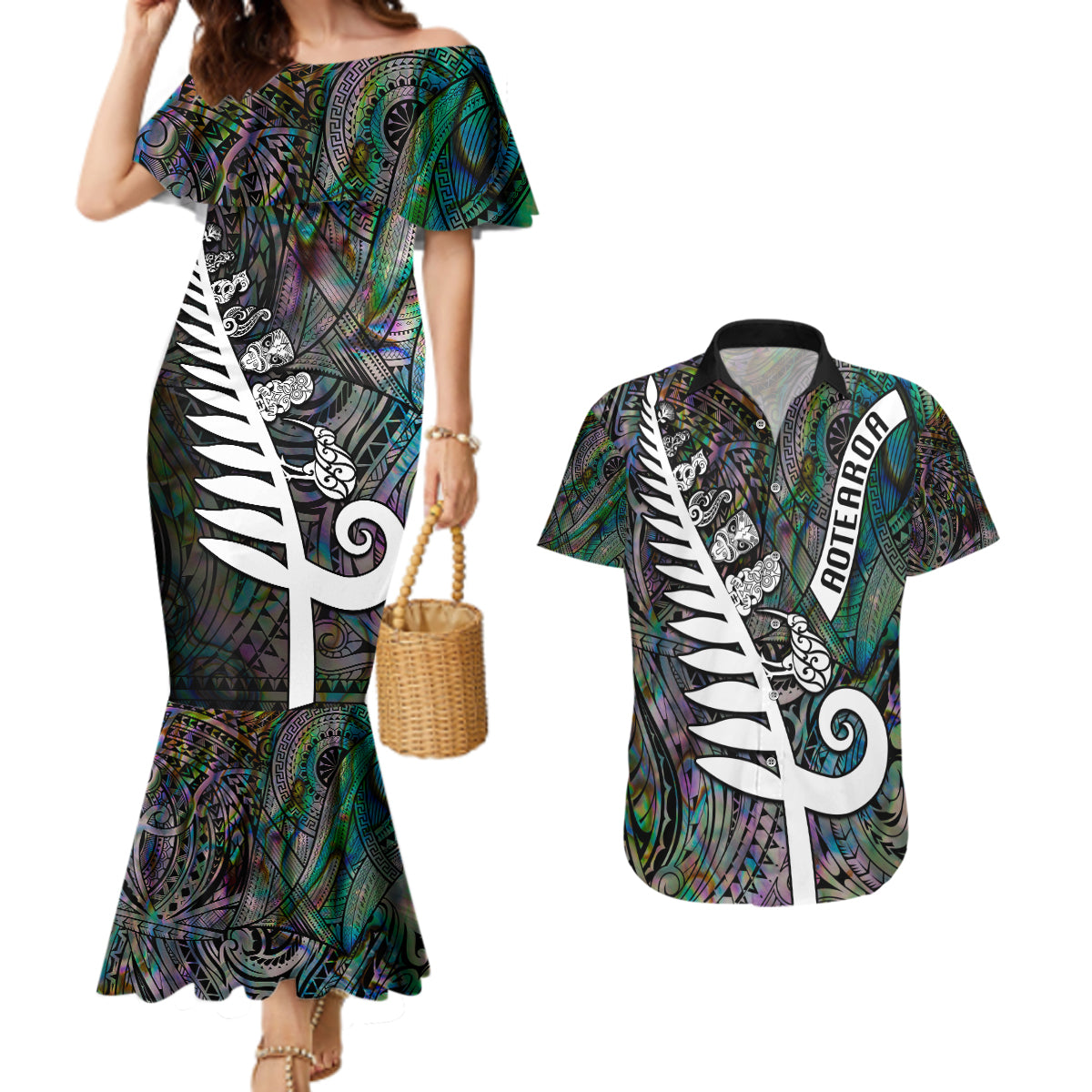 Personalized New Zealand Couples Matching Mermaid Dress and Hawaiian Shirt Aotearoa Symbols With Silver Fern LT03 Black - Polynesian Pride