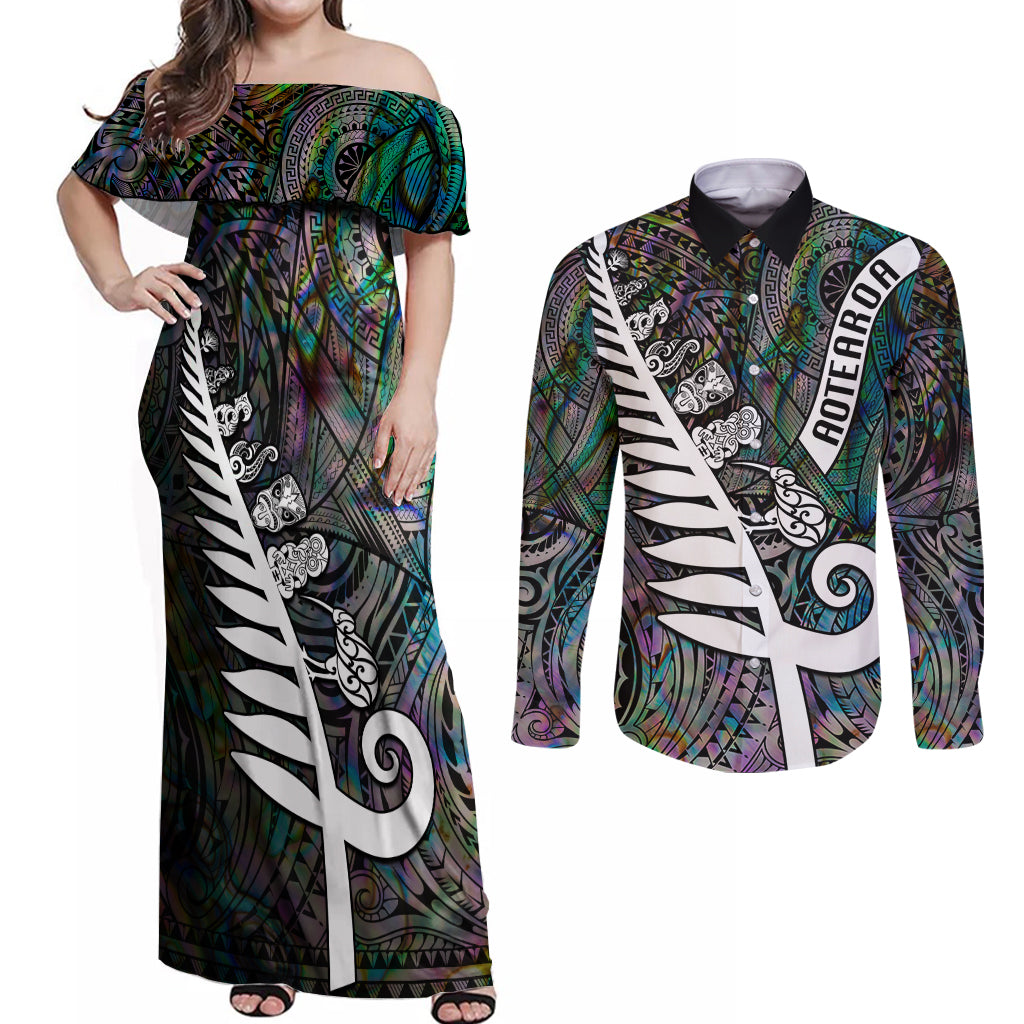 Personalized New Zealand Couples Matching Off Shoulder Maxi Dress and Long Sleeve Button Shirt Aotearoa Symbols With Silver Fern LT03 Black - Polynesian Pride