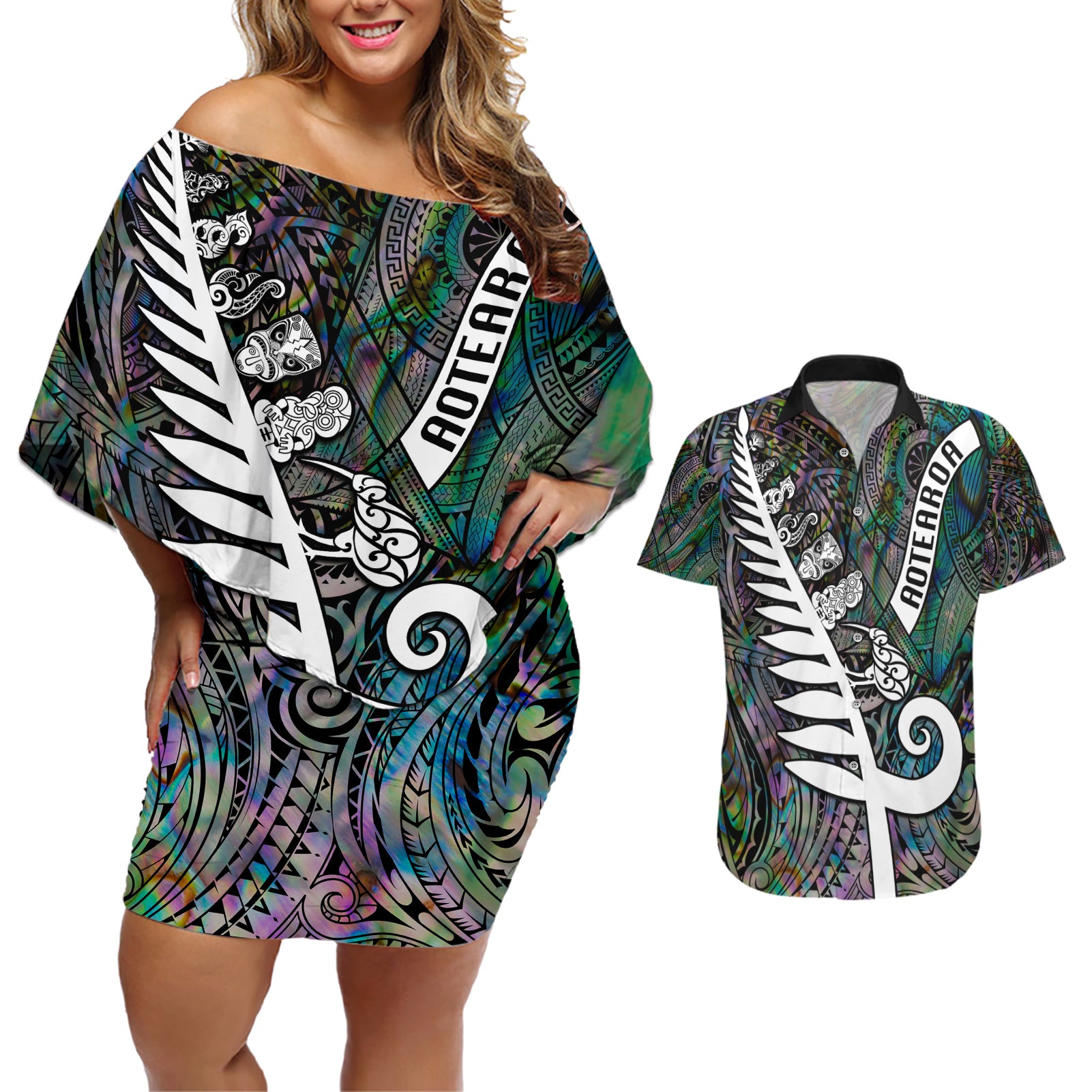 Personalized New Zealand Couples Matching Off Shoulder Short Dress and Hawaiian Shirt Aotearoa Symbols With Silver Fern LT03 Black - Polynesian Pride