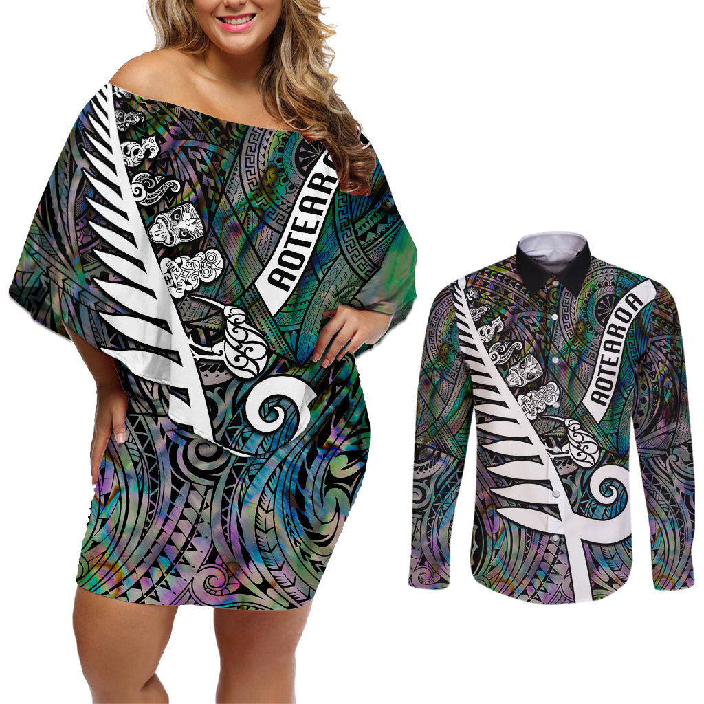 Personalized New Zealand Couples Matching Off Shoulder Short Dress and Long Sleeve Button Shirt Aotearoa Symbols With Silver Fern LT03 Black - Polynesian Pride