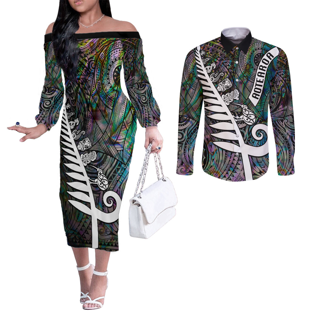 Personalized New Zealand Couples Matching Off The Shoulder Long Sleeve Dress and Long Sleeve Button Shirt Aotearoa Symbols With Silver Fern LT03 Black - Polynesian Pride