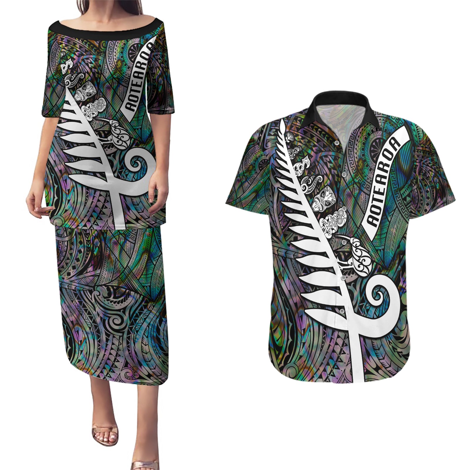 Personalized New Zealand Couples Matching Puletasi Dress and Hawaiian Shirt Aotearoa Symbols With Silver Fern LT03 Black - Polynesian Pride