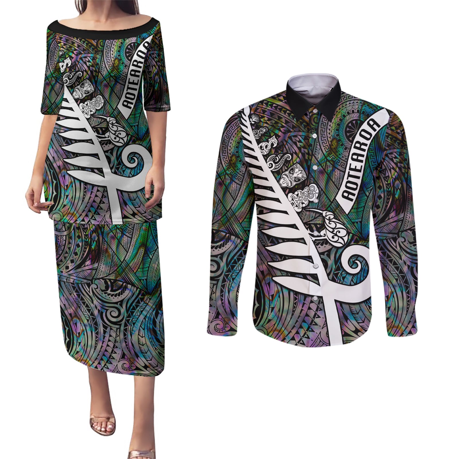 Personalized New Zealand Couples Matching Puletasi Dress and Long Sleeve Button Shirt Aotearoa Symbols With Silver Fern LT03 Black - Polynesian Pride