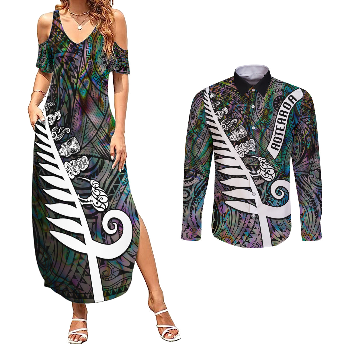 Personalized New Zealand Couples Matching Summer Maxi Dress and Long Sleeve Button Shirt Aotearoa Symbols With Silver Fern LT03 Black - Polynesian Pride