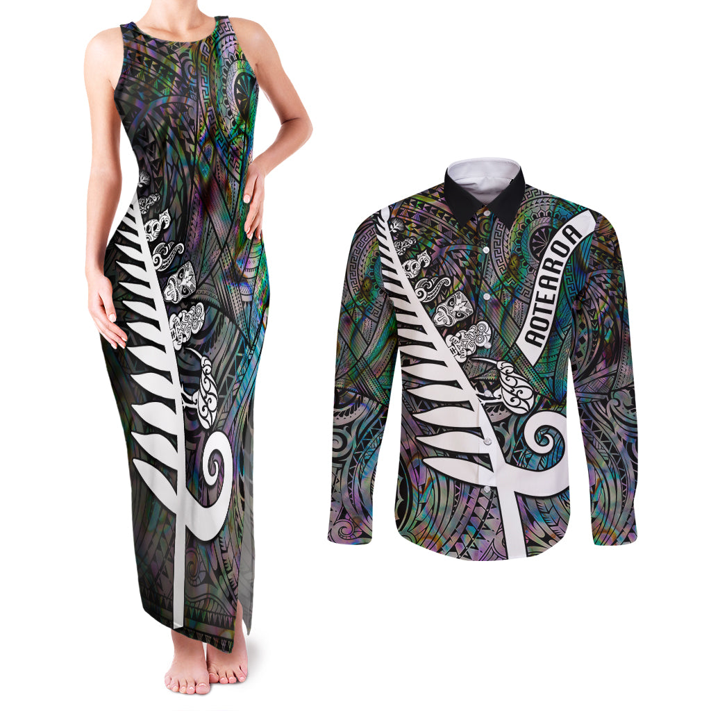 Personalized New Zealand Couples Matching Tank Maxi Dress and Long Sleeve Button Shirt Aotearoa Symbols With Silver Fern LT03 Black - Polynesian Pride