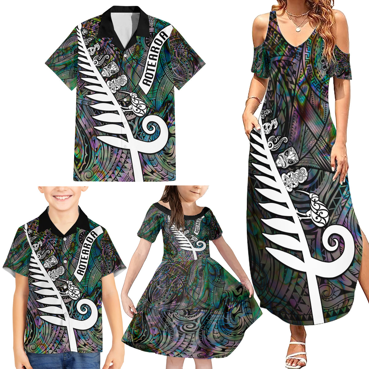 Personalized New Zealand Family Matching Summer Maxi Dress and Hawaiian Shirt Aotearoa Symbols With Silver Fern LT03 - Polynesian Pride