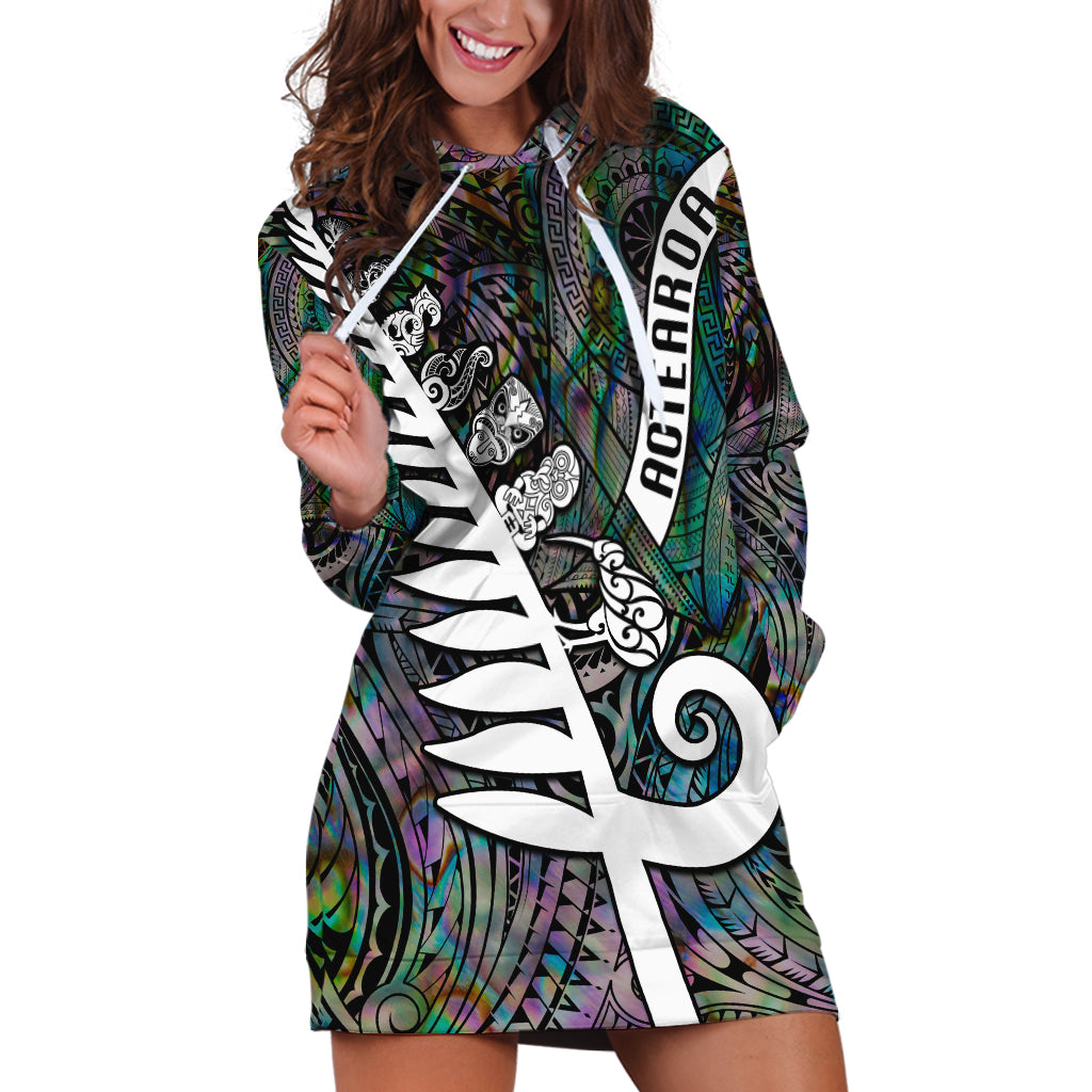 Personalized New Zealand Hoodie Dress Aotearoa Symbols With Silver Fern LT03 Black - Polynesian Pride