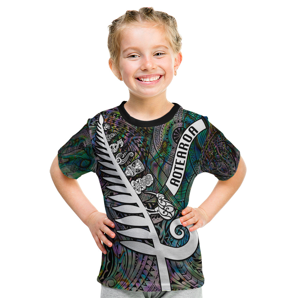 Personalized New Zealand Kid T Shirt Aotearoa Symbols With Silver Fern LT03 Black - Polynesian Pride